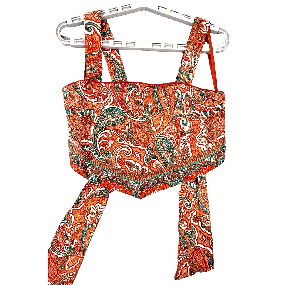 NWT Band of The Free Women's S Adella Orange Paisley Handkerchief Crop Top - Picture 2 of 16